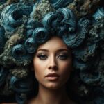 volto di donna testa completa visibile una parrucca o acconciatura grande, gigantesca ispirata al mare, alle onde, agli scogli e alle alghe (1)