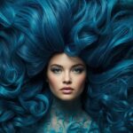 volto di donna testa completa visibile una parrucca o acconciatura grande, gigantesca ispirata al mare, alle onde, mare azzurro con tutte le sue sfumature (1)