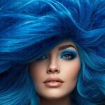 volto di donna testa completa visibile una parrucca o acconciatura grande, gigantesca ispirata al mare, alle onde, mare azzurro con tutte le sue sfumature (2)