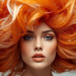 volto di donna testa completa visibile una parrucca o acconciatura grande ispirata ai pesci rossi