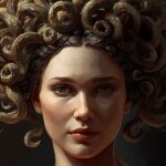 volto di donna testa completa visibile una parrucca o acconciatura grande ispirata alla medusa