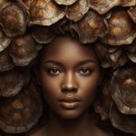 volto di donna testa completa visibile una parrucca o acconciatura grande ispirata alla tartaruga (1)