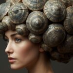 volto di donna testa completa visibile una parrucca o acconciatura grande ispirata alla tartaruga