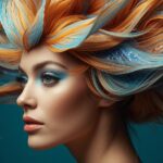 volto di donna visibile una parrucca o acconciatura ispirata ai pesci tropicali multicolor dalle pinne e coda evidenti (1)